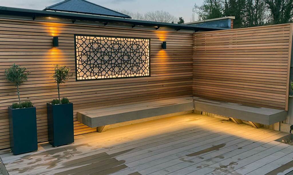 Back garden in Radlett - deck, bench and lights